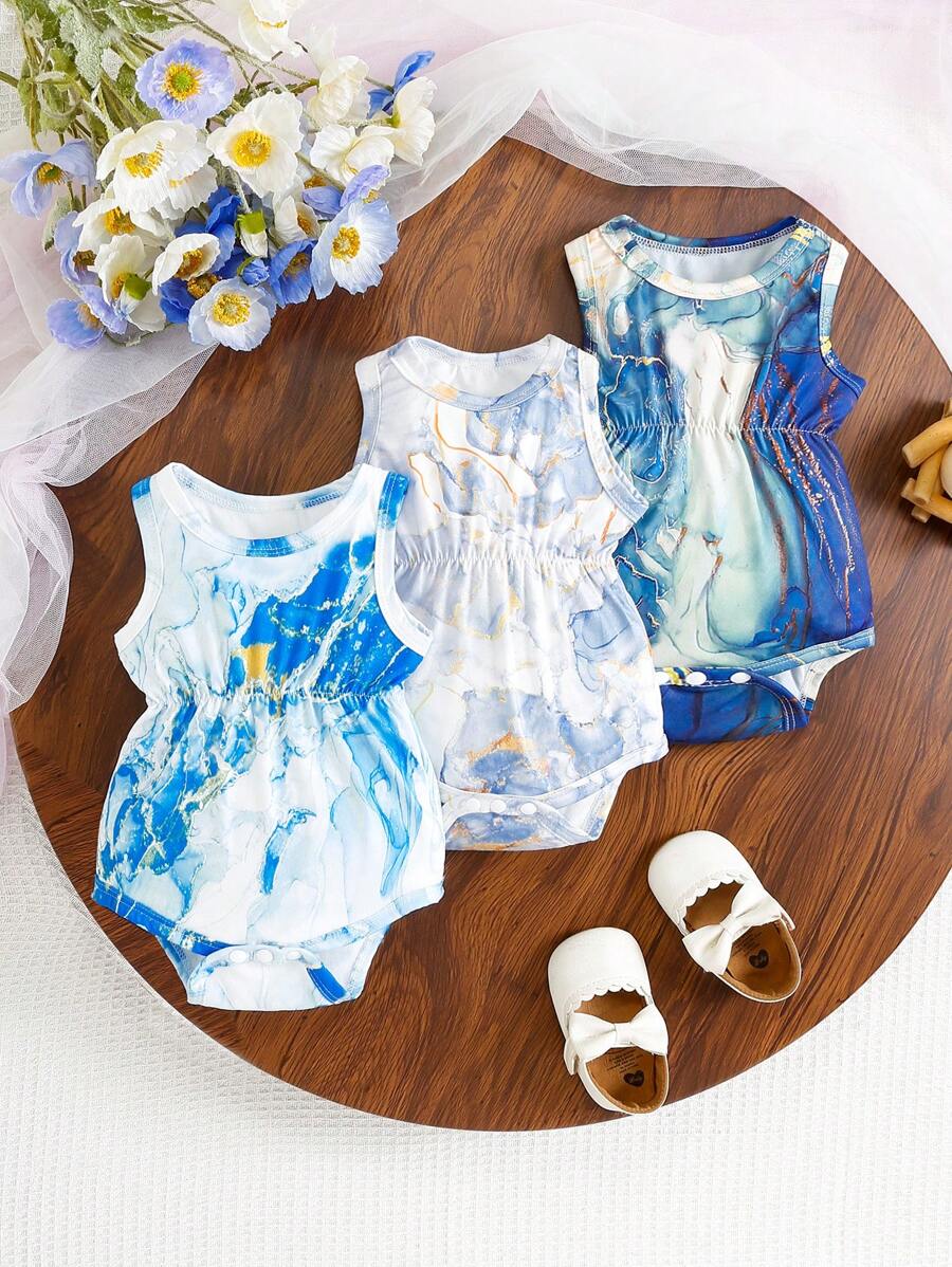 3pcs Baby Girls' Simple Elegant Casual Marble Print Romper