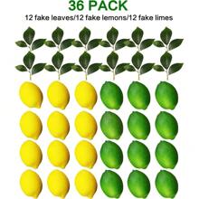 Fake Fruit Artificial Lemons, 3.1''*2.2'' Faux Lemon Fake Limes With Leaves, Lifelike Fake Lemon Decor For Kitchen Table Cabinet Party, Plastic Fruits Photography Prop 36PCS,Garden Decor,Outdoor Plant,Gardening,Fake Flowers
