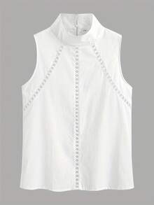 女士高领无袖宽松纯色蕾丝边衬衫 - 白色 - 查看 4