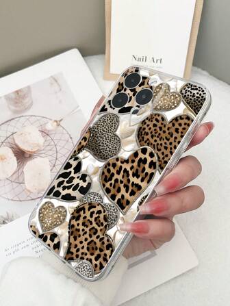 1pc Transparent TPU Shockproof Painted Leopard Heart Pattern Phone Case Compatible With IPhone 15/15 Pro/15 Plus/15 Pro Max/16/16 Pro/16 Plus/16 Pro Max, Galaxy S23 Ultra/A14/A24, Redmi Note 12 Pro, Pixel 8/8 Pro Waterproof Anti-Fall Scratch Resistant