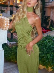 女式无袖褶皱修身长裙，夏季 - 綠色 - 查看 5