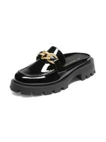 Women Mules Slippers Chunky With Gold Chain Decor Slip On Platform Thick Comfortable Fashion Classic Loafers Flat Slides Shoes - 蒙特內哥羅 - 查看 4
