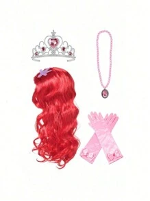 4 piezas/set Peluca rizada larga roja de princesa con accesorios joyería de temática de sirena (peluca, corona, guantes, cetro), perfecta para fiestas de cumpleaños, accesorios de disfraz de princesa para actuaciones, ideal para regalos de niñas