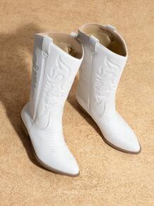 Women'S Cowboy Western Boots Point Toe Pull On Cowgirl Boots  Embroidered Detail Chunky Heeled Spring And Winter Back To School Party Festival Matching Dress Mid Calf White Boots - 白色 - 查看 4
