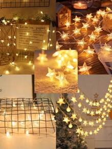 6-LED Star Shaped String Lights, Flashing, Suitable For Indoor, Outdoor, Wedding Party And Garden Decor, Warm White Moon Lantern String Lights, Battery Powered - 黃光 - 查看 4
