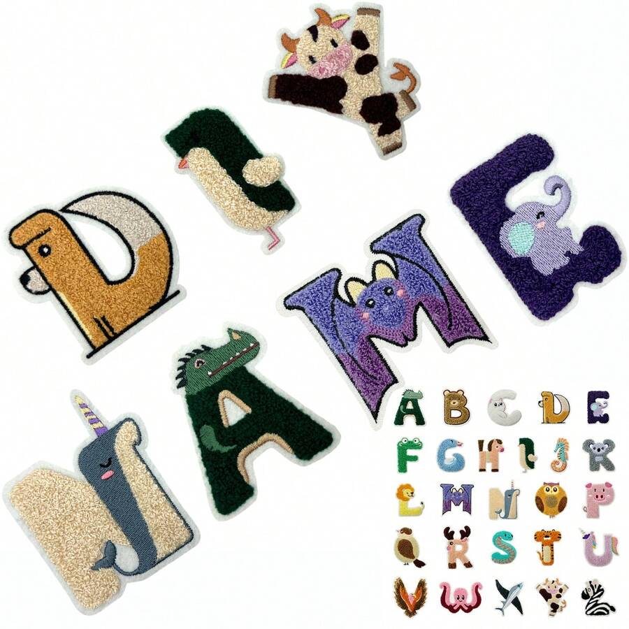 26 件可爱卡通动物和字母刺绣补丁，创意 DIY 用品，适用于铅笔盒、文具、姓名标签、背胶