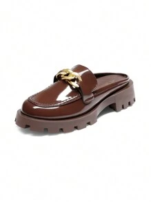 Women Mules Slippers Chunky With Gold Chain Decor Slip On Platform Thick Comfortable Fashion Classic Loafers Flat Slides Shoes - màu nâu - Xem 4