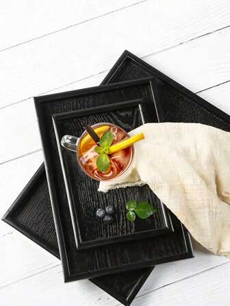 1pc/2pcs/3pcs/4pcs 黑色矩形木托盘，哑光木纹饰面，适用于食物、蛋糕、沙拉、水果、寿司、饮料、牛排、披萨。非常适合咖啡馆、家庭、甜点、茶、面包、小吃和杯子。厨房、圣诞礼物
