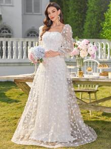 UNITHORSE Váy cưới trang trọng thanh lịch cổ vuông hở lưng tay công chúa đuôi cá cạp cao họa tiết lưới hoa cho cô dâu, trang phục dự tiệc toàn màu trắng dành cho nữ - trắng - Xem 1