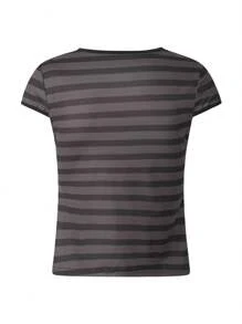 Women Summer A-Line Tops Short Sleeve U Neck Lace Trim Tie Up Striped T-Shirts - màu đen - Xem 4