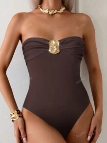 Allurini Traje de baño de una pieza en unicolor, de pecho plisado, sexy, con tirantes desmontables y decoración metálica para el verano