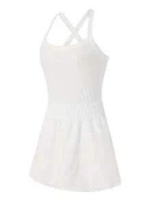 Women's Tennis Dress Skorts Underneath Solid Color Sleeveless Athletic Dresses Workout Golf Dress