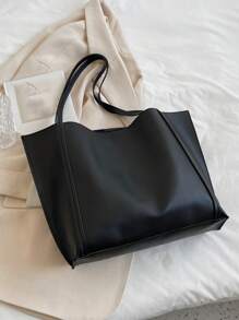 2-Piece Set: Large Capacity Solid Color Tote Bag & Clutch Purse, Minimalist Vintage Style, PU Leather Material, Suitable For Women/Girls Daily Use, Work, Shopping, Mother-Daughter Matching, Ideal Mother's Day Gift - Black - View 5
