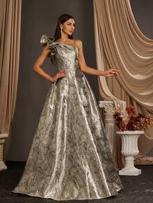 1 pièce Robe de soirée longue, élégante, à une épaule, avec sequins jacquard pour femmes Anymoon - Doré - Voir 8