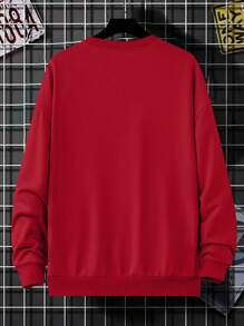 男士时尚豹纹蜘蛛图案休闲套头运动衫，百搭长袖圆领衫 - 紅色 - 查看 2