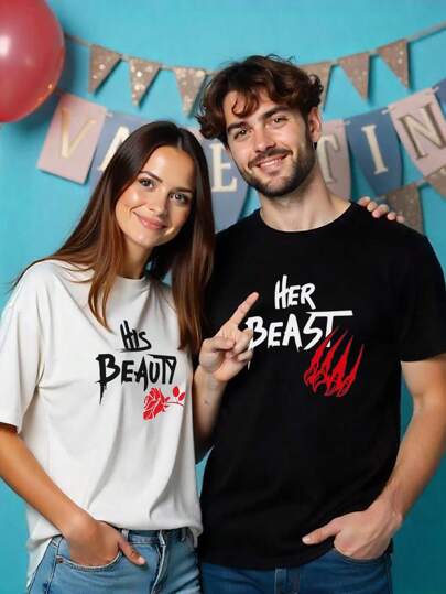 Men Casual Loose Round Neck Valentine's Day Couple Short Sleeve T-Shirt, Beast Shirt, Her Beast His Beauty Tees,Fashion, For Going Out, Her Beast His Beauty Tees, Couples Workout Shirts, Valentines Day Couples Shirts, His And Her Valentines Day Shirt, Perfect Gift For Boyfriends On Anniversaries And Valentine's Day,Couple Matching,Couple Shirts,Summer,Festival