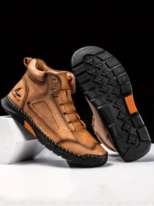 男士户外休闲运动鞋，系带皮革鞋面，复古缝制手工高帮徒步靴