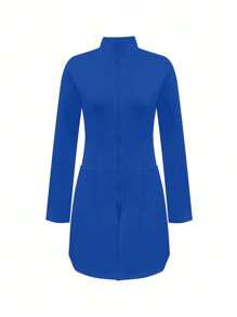 纯色前拉链双口袋实验室外套 - 藍色 - 查看 1