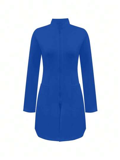 Solid Color Zip Front Two Pockets Lab Coat