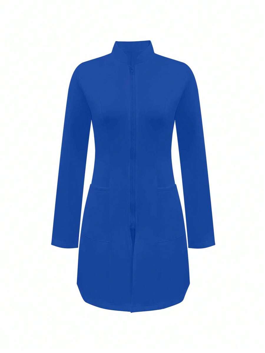 纯色前拉链双口袋实验室外套 - 藍色 - 查看 1