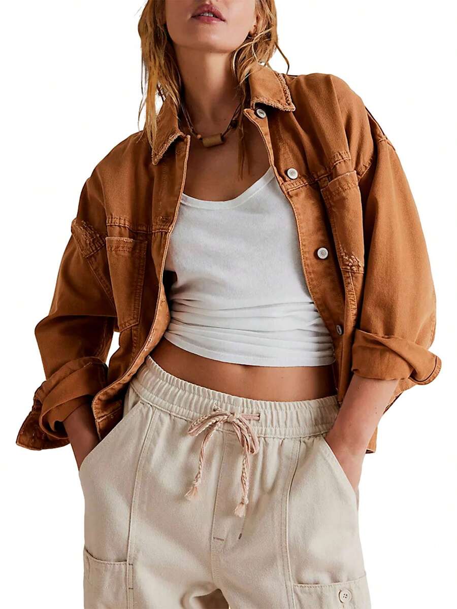 Women Denim Jacket Long Sleeve Turn-Down Collar Button Closure Solid Color Fall Jacket With Pockets Outerwears Streetwear - Brown - View 1