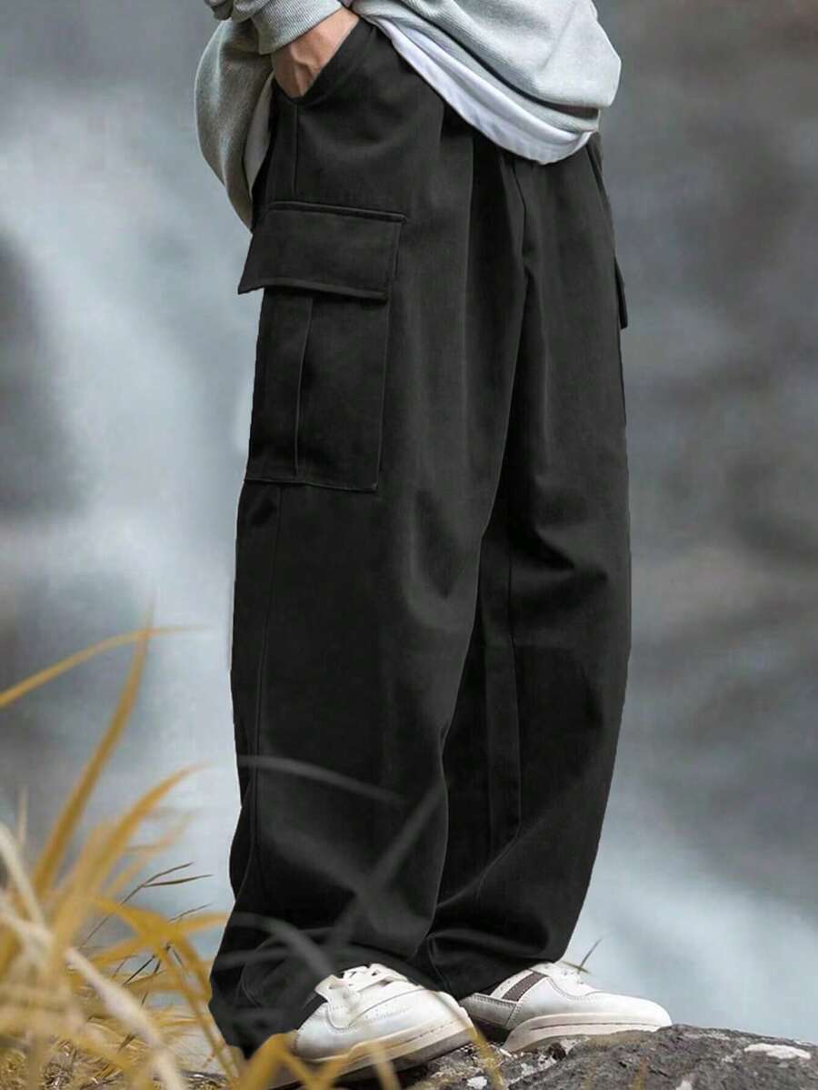 1 pièce Pantalon cargo droit décontracté et ample de couleur unie à poches multiples pour adolescent garçon/adolescents garçons, pour l'exercice et l'extérieur, printemps/été/automne