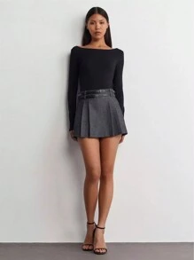 Jupe Mini Mignonne à Double Taille avec Bloc de Couleur Gris Taille Basse pour Femmes Retournant à l'École en Automne