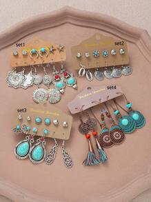 24 pièces/6 pièces Set de boucles d'oreilles résine à pompons bohèmes vintage, boucles d'oreilles à tige et pendantes en forme de cœur, lune, fleur. Convient pour les voyages, les tenues casual quotidiennes