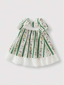 Baby Girls Countryside Animal Rabbit Print Green Princess Dress - Green - View 1