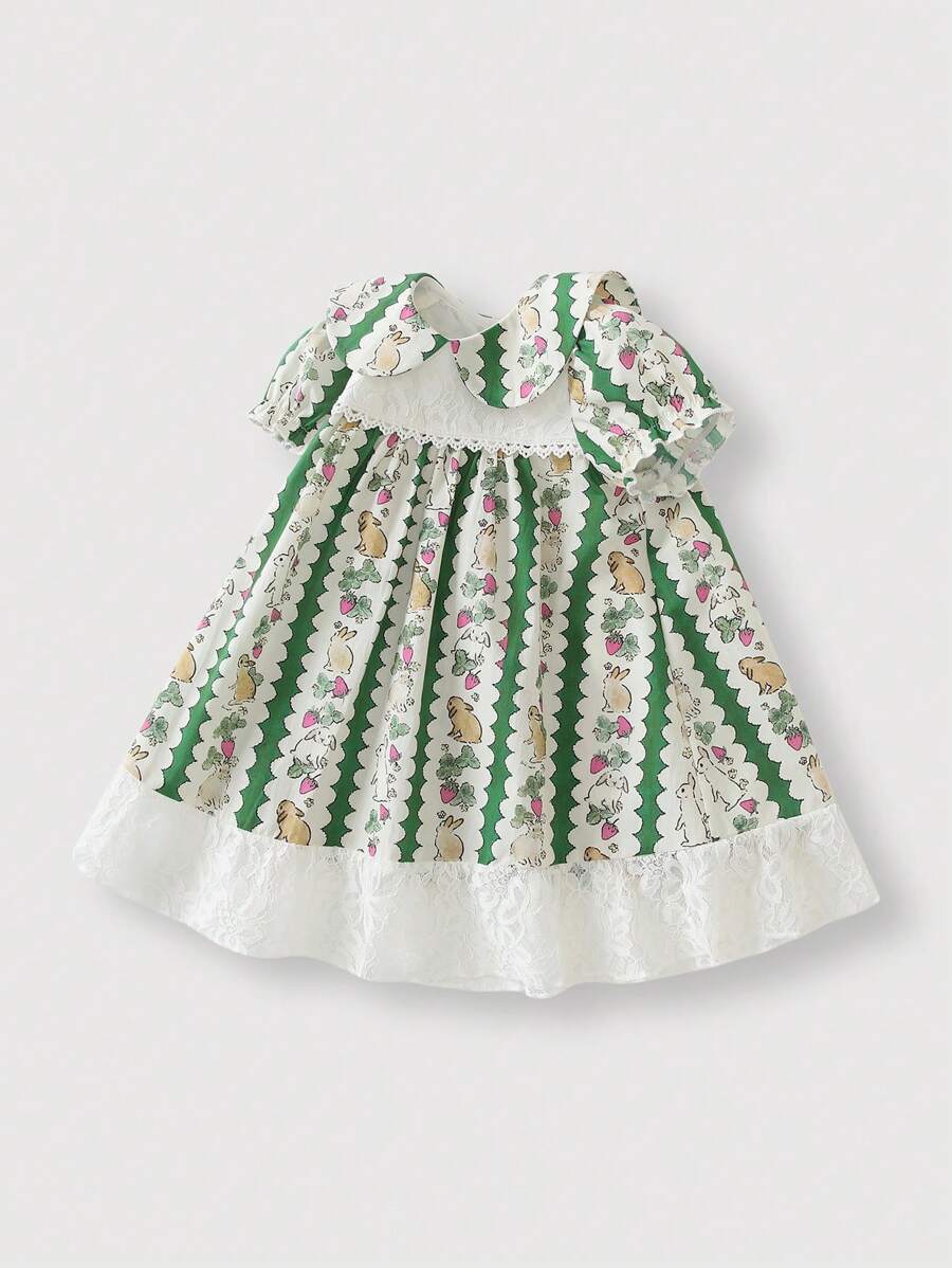 Baby Girls Countryside Animal Rabbit Print Green Princess Dress - Green - View 1