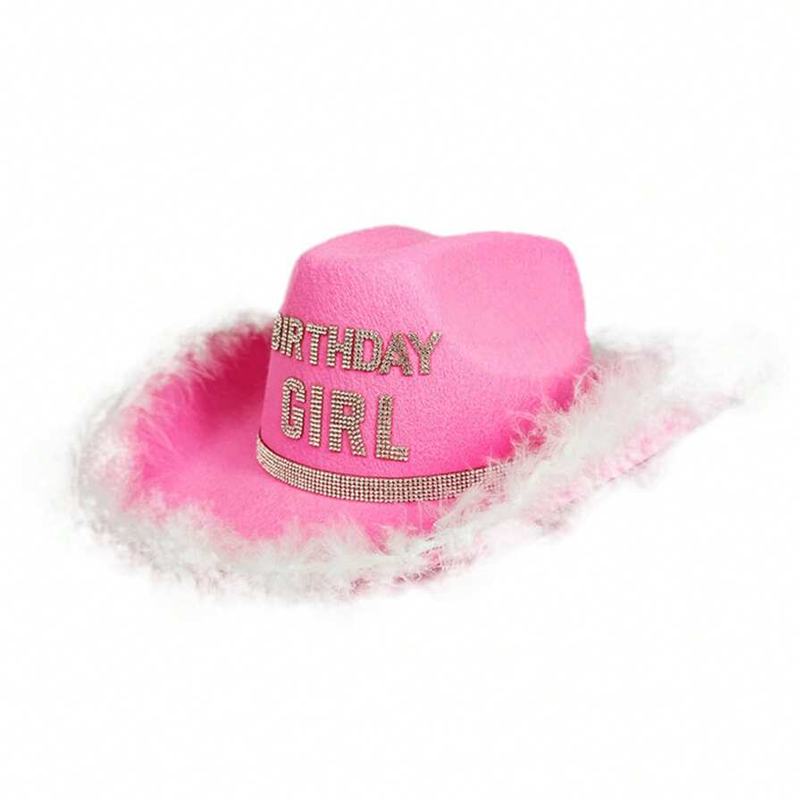 1PCS Women Birthday Cowgirl Hats Letter Rhinestone Trim Vintage Jazz Hats Western Style Sombreros - Hồng - Xem 1