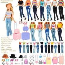 27 件随机娃娃衣服和配饰套装，适合 11 英寸娃娃，包括 5 件上衣、5 条裤子、4 双鞋子、1 顶帽子、2 个耳环、4 个衣架、3 条项链、2 个包、1 个旅行包（款式和颜色随机），不包括娃娃，适合年轻人的绝佳礼物，派对礼品套装 - 11.5吋娃娃配件 - 查看 2