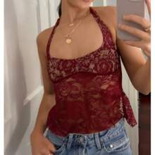 Women's Lace Vest Top Sleeveless Halter Top With Suspender And Round Neck Top - Màu Đỏ Sâu - Xem 2