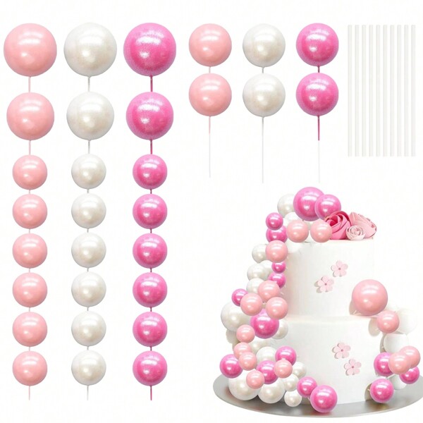 30Pcs Balls Cake Topper, Foam Ball Cake Picks, Mini Balloon Cupcake Balls, DIY Decoration For Wedding Engagement Theme Party, Bridal Shower Theme Party, Birthday Party Cake Decorations(Pearl White Pink Rose Red)