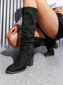 Women's Buckle Knee High Boots Slouchy Chunky Heeled Side Zipper Long Tall Boots Comfortable Fashionable Autumn Fall Boots - 黑色/麂皮 - 查看 3