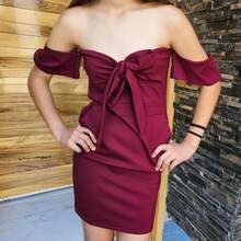 Vestido corto palabra de honor con escote con lazo - Rojo violeta - Ver 3