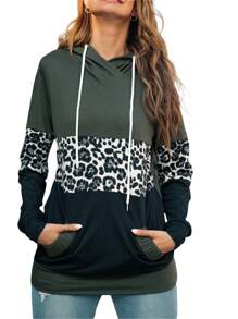 Women Spring Sweatshirt, Leopard Print Splicing Hooded Long Sleeves Pullover With Pockets For Girls, Army Green - Army Green - View 6