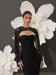 黑色绷带紧身连衣裙，优雅正式中长鱼尾晚礼服，欧美风格，派对礼服，婚礼宾客礼服 - 黑色 - 查看 7