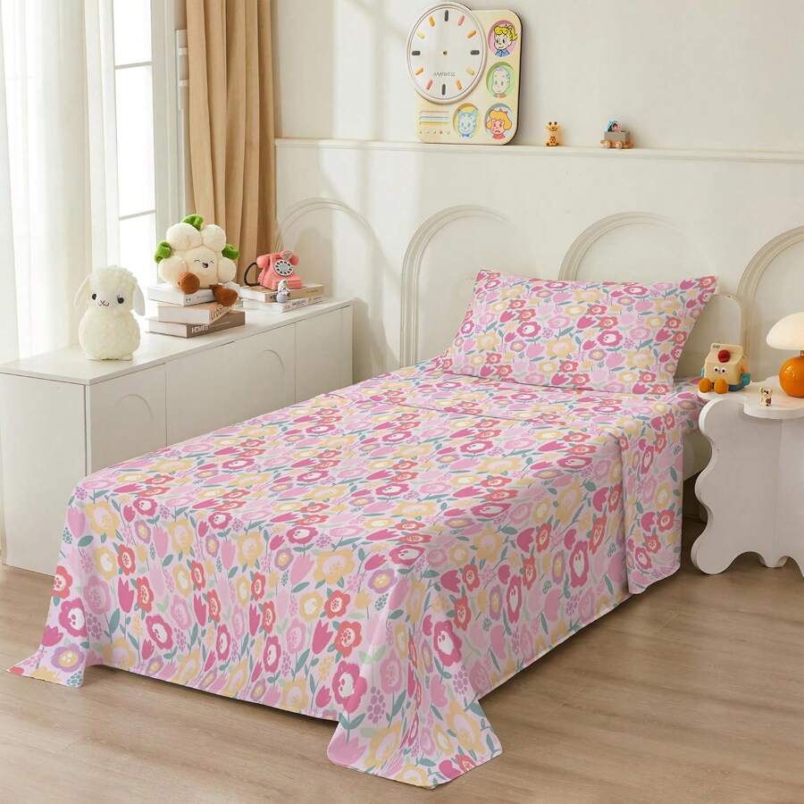 Single Fitted Sheet Without Elastic Micropercale Cotton Touch Hem Floral Grid - 花的 - 查看 1