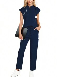 2pcs Solid Color Notched Neck Top And Pants Uniform Set Scrub Set