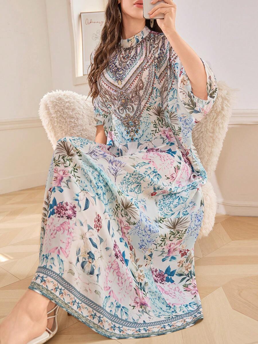 Plus Size Loose Rhinestone Printed Long Robe Dress, Turkish Traditional Kaftan & Arabic Style Abaya, Modest - Multicolor - View 1