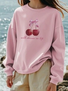 1 件女童休闲印花套头圆领运动衫，秋冬季保暖长袖上衣，时尚设计为每个孩子带来欢乐和幸福 - 粉色 - 查看 2