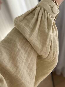 1pc Linen Ruched Layered Casual Loose Fit Round Neck Button Cuff Midi Dress, Suitable For Daily And Festivals - Khaki - View 5