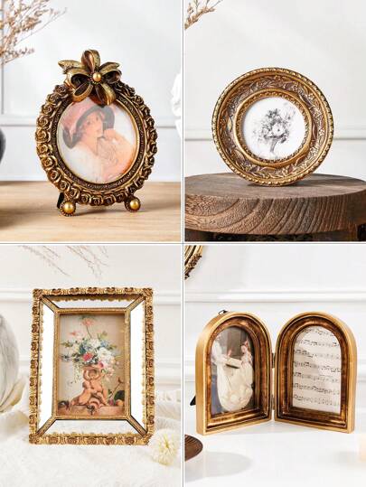 1 件复古金色花卉图案树脂相框，仿古风格金色桌面装饰相框，暖金色家居桌面装饰相框，适合照片展示和摄影装饰