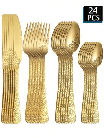 4/16/24 st bestickset i rostfritt stål med prägel, återanvändbart bestickset för flera personer, västerländskt stekkniv, gaffelsked, lämpligt för hemmakök, restaurang, fest, bröllop, present, skolmaterial