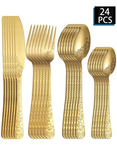 4/16/24件不锈钢1010压花餐具套装，可重复使用的多人西式牛排刀叉勺餐具套装，适用于家庭厨房、餐厅、派对、婚礼、礼物、学校用品