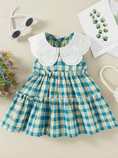 Summer New Fashion Baby Girl Sleeveless Dress Toddler Girl Strawberry Plaid Lace Peter Pan Collar Casual Dress