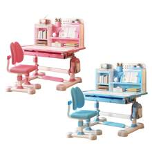 Kids Study Desk & Chair Set, Height Adjustable Children School Study Table Chair Set With Sitting Corrector, Ergonomic Desk Chair With Book Stand, Foot Pedal, Partition Design (Pink, Blue) - Pink - View 9