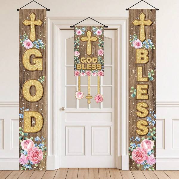 3 Stücke Gott segne Banner Set zum Aufhängen, aus Polyester, Taufe Zeremonie Dekoration Veranda Banner, Landhausstil, geeignet für Innen- und Außenbereich, Heimdekoration