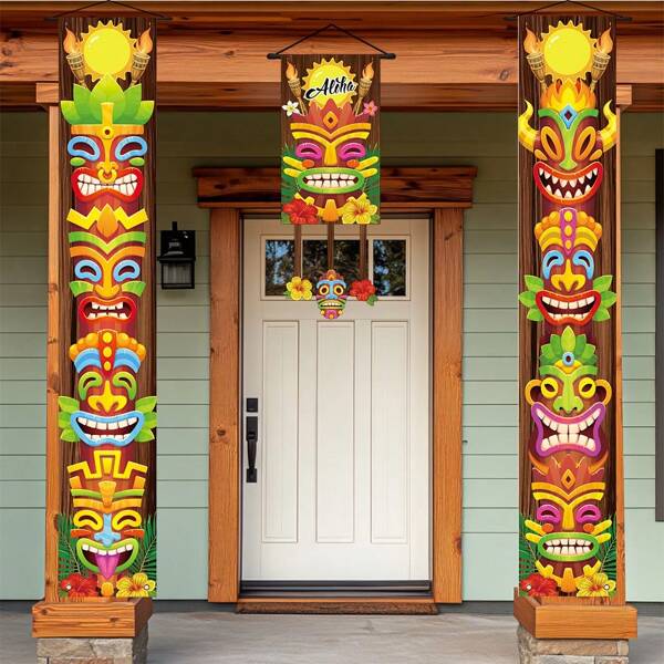 3 Stücke/Set Mardi Gras Party Veranda Schild Banner, Polyester Hawaii Tropischer Dschungel Aloha Veranda Schild Banner, geeignet für Party Geburtstag Dekoration Innen Außen Zuhause Raum Wandbehang Zubehör